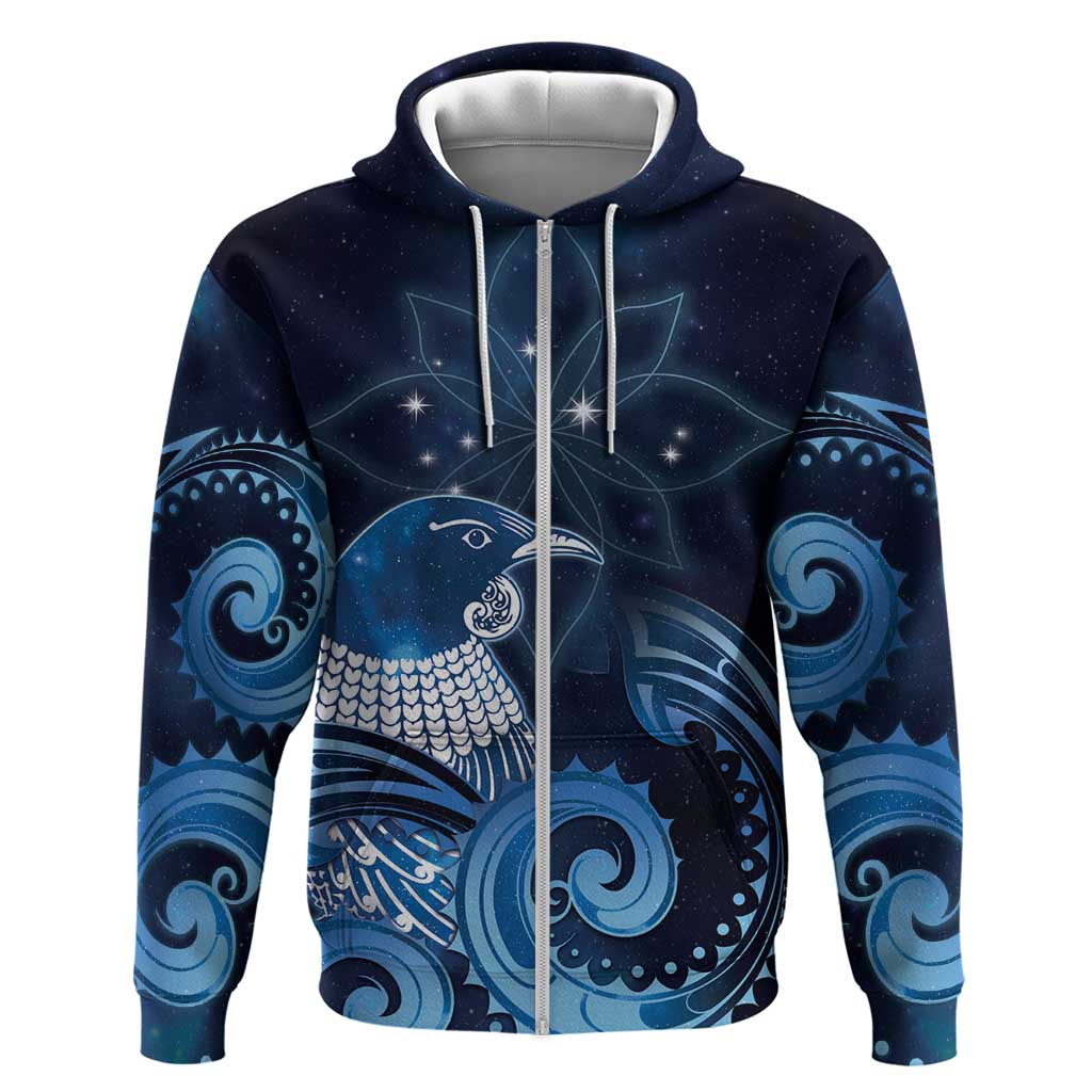 New Zealand Matariki Zip Hoodie Maori Tui Bird Blue Galaxy DT05 Zip Hoodie Blue - Polynesian Pride