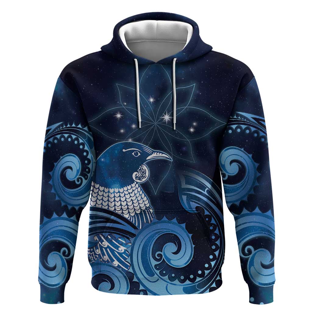 New Zealand Matariki Zip Hoodie Maori Tui Bird Blue Galaxy DT05 Pullover Hoodie Blue - Polynesian Pride