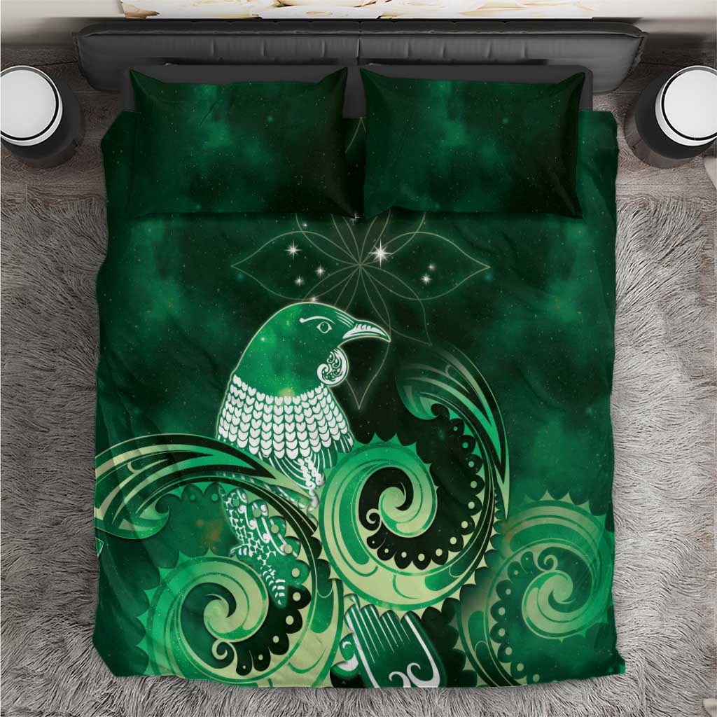 New Zealand Matariki Bedding Set Maori Tui Bird Green Galaxy