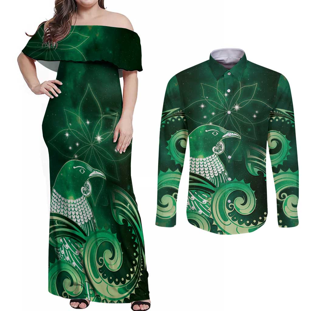 New Zealand Matariki Couples Matching Off Shoulder Maxi Dress and Long Sleeve Button Shirt Maori Tui Bird Green Galaxy