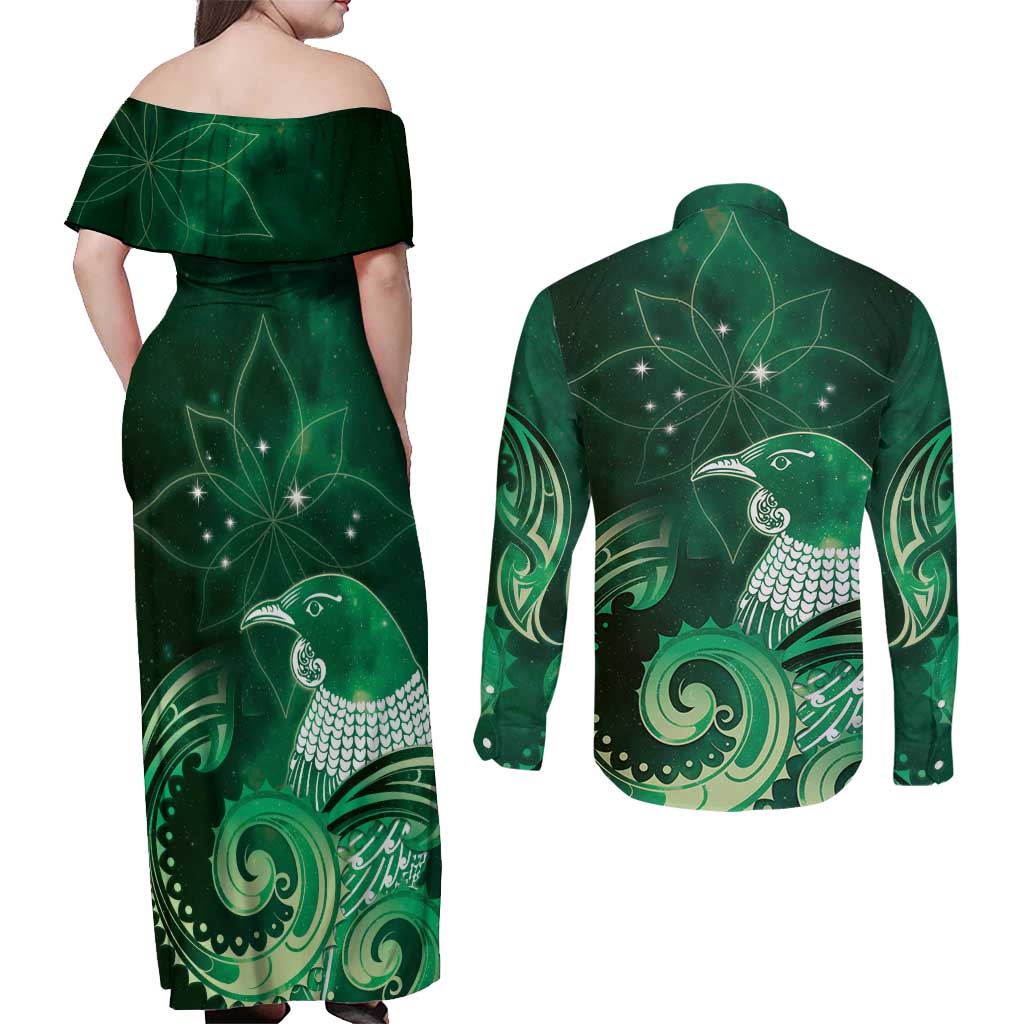 New Zealand Matariki Couples Matching Off Shoulder Maxi Dress and Long Sleeve Button Shirt Maori Tui Bird Green Galaxy