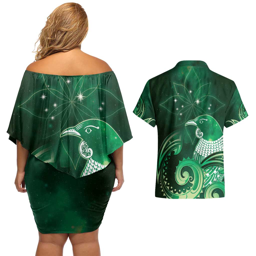 New Zealand Matariki Couples Matching Off Shoulder Short Dress and Hawaiian Shirt Maori Tui Bird Green Galaxy