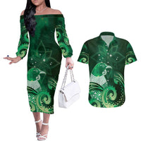 New Zealand Matariki Couples Matching Off The Shoulder Long Sleeve Dress and Hawaiian Shirt Maori Tui Bird Green Galaxy