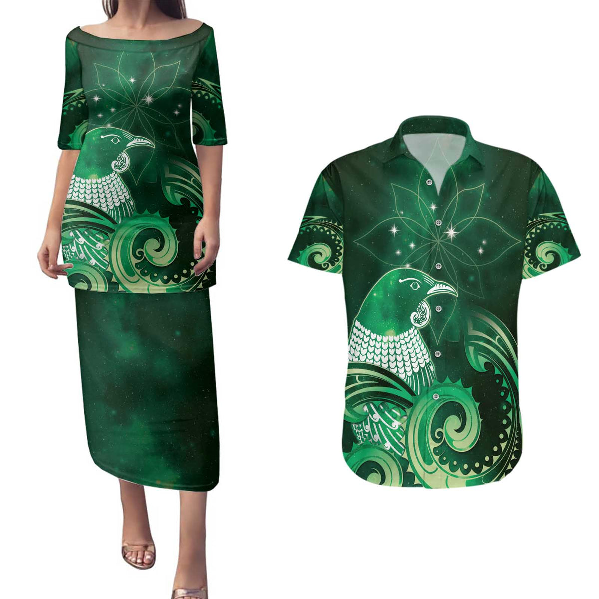 New Zealand Matariki Couples Matching Puletasi and Hawaiian Shirt Maori Tui Bird Green Galaxy