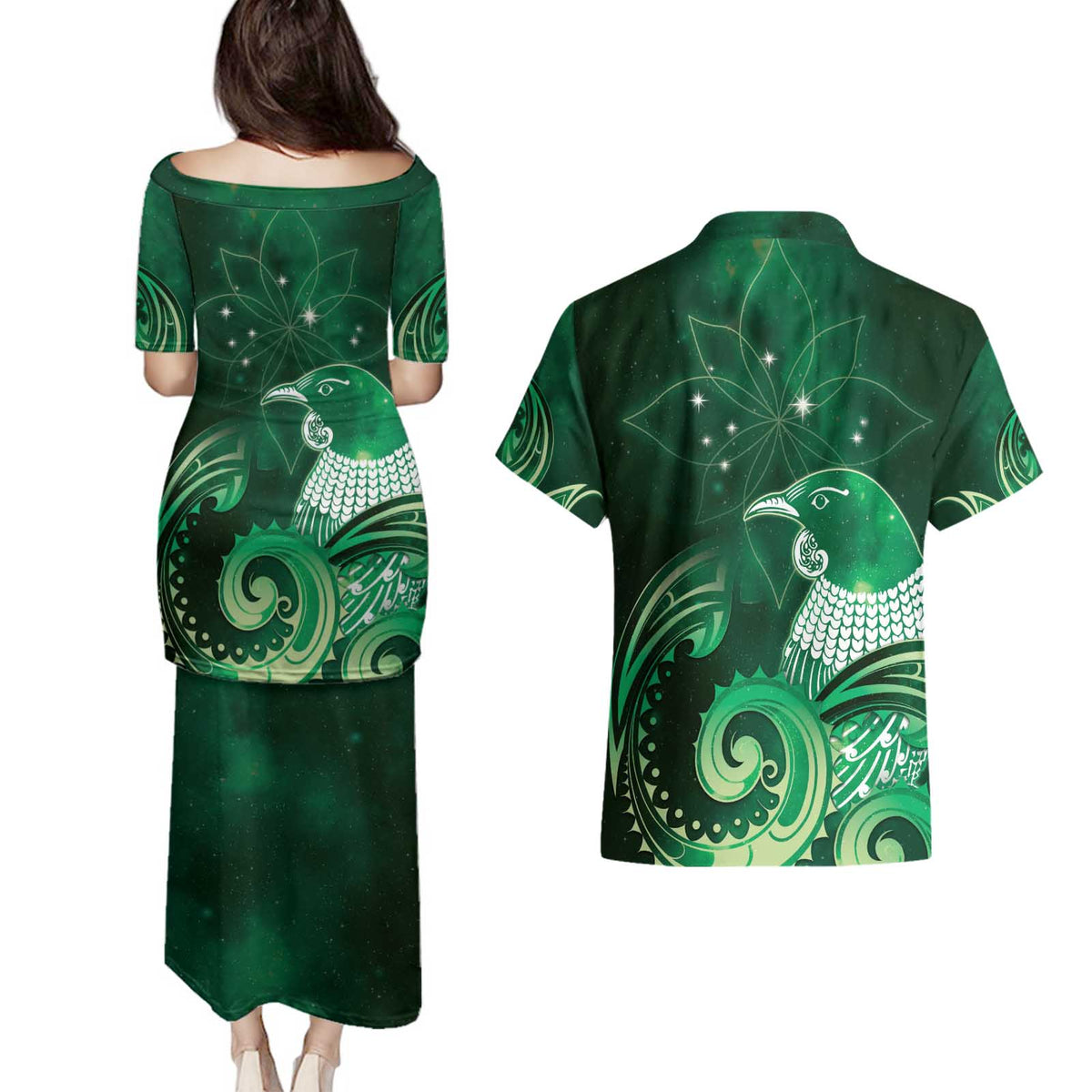 New Zealand Matariki Couples Matching Puletasi and Hawaiian Shirt Maori Tui Bird Green Galaxy