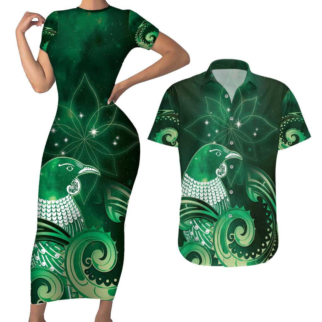New Zealand Matariki Couples Matching Short Sleeve Bodycon Dress and Hawaiian Shirt Maori Tui Bird Green Galaxy