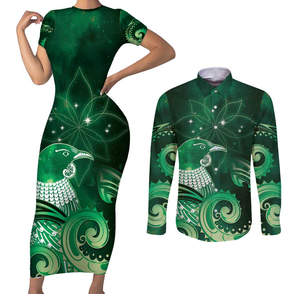 New Zealand Matariki Couples Matching Short Sleeve Bodycon Dress and Long Sleeve Button Shirt Maori Tui Bird Green Galaxy