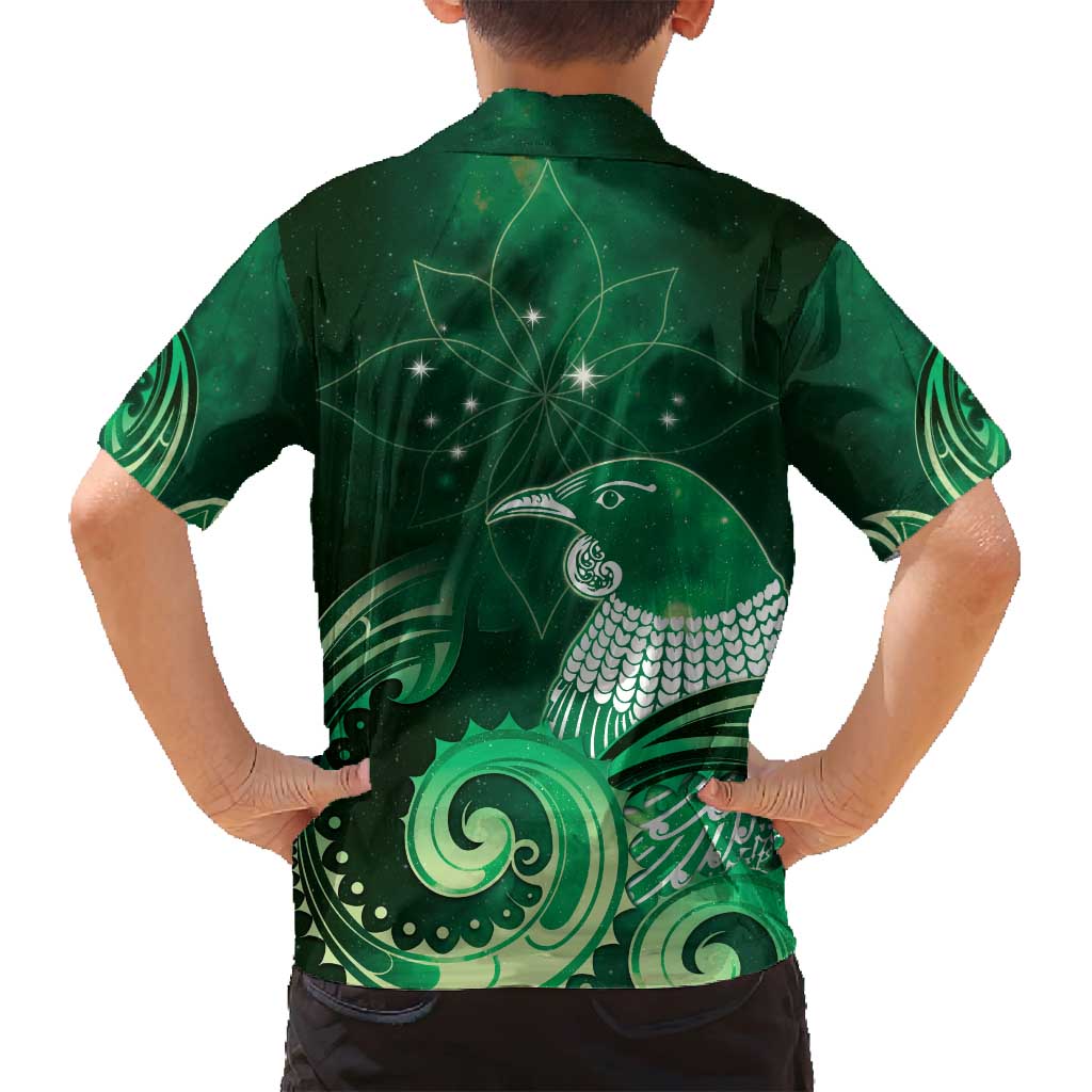 New Zealand Matariki Family Matching Long Sleeve Bodycon Dress and Hawaiian Shirt Maori Tui Bird Green Galaxy
