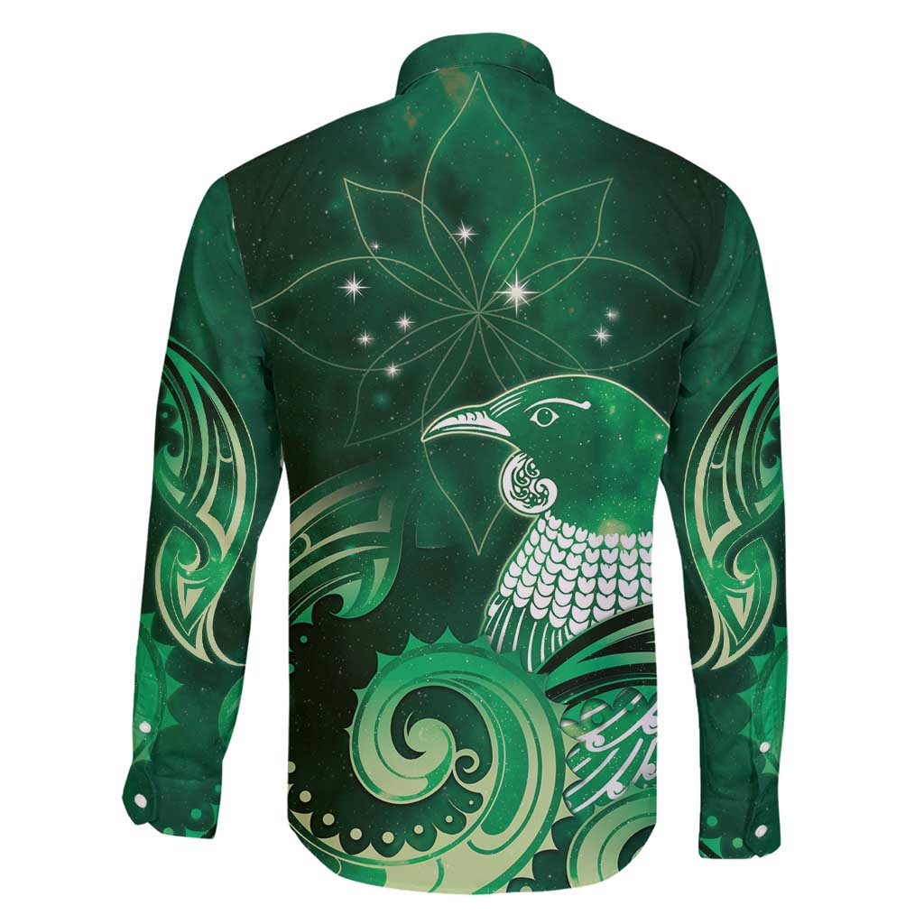 New Zealand Matariki Family Matching Long Sleeve Bodycon Dress and Hawaiian Shirt Maori Tui Bird Green Galaxy