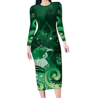 New Zealand Matariki Family Matching Long Sleeve Bodycon Dress and Hawaiian Shirt Maori Tui Bird Green Galaxy