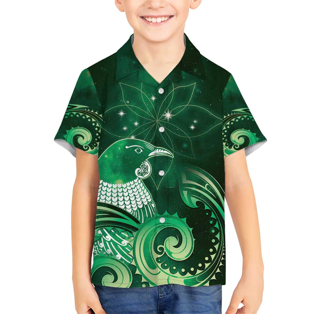 New Zealand Matariki Family Matching Long Sleeve Bodycon Dress and Hawaiian Shirt Maori Tui Bird Green Galaxy