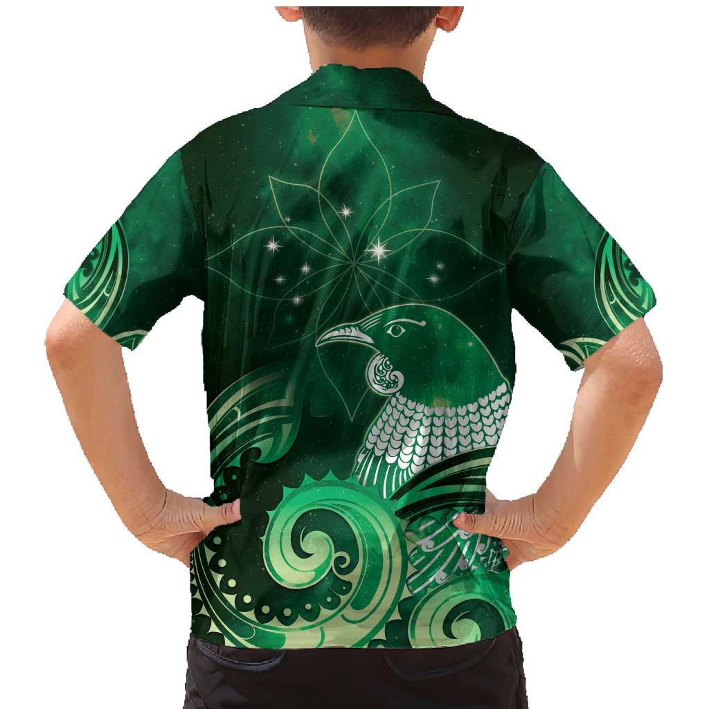 New Zealand Matariki Family Matching Mermaid Dress and Hawaiian Shirt Maori Tui Bird Green Galaxy
