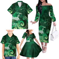 New Zealand Matariki Family Matching Off The Shoulder Long Sleeve Dress and Hawaiian Shirt Maori Tui Bird Green Galaxy
