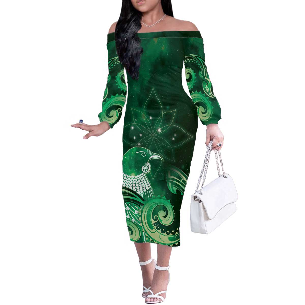 New Zealand Matariki Family Matching Off The Shoulder Long Sleeve Dress and Hawaiian Shirt Maori Tui Bird Green Galaxy