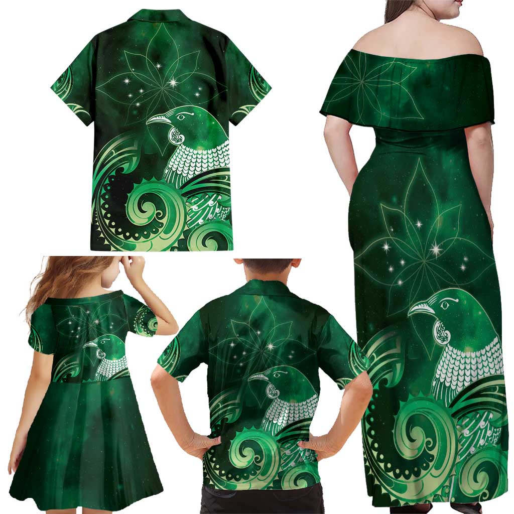 New Zealand Matariki Family Matching Off Shoulder Maxi Dress and Hawaiian Shirt Maori Tui Bird Green Galaxy