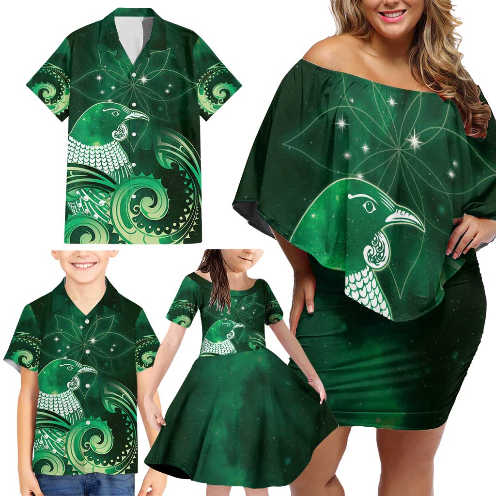 New Zealand Matariki Family Matching Off Shoulder Short Dress and Hawaiian Shirt Maori Tui Bird Green Galaxy