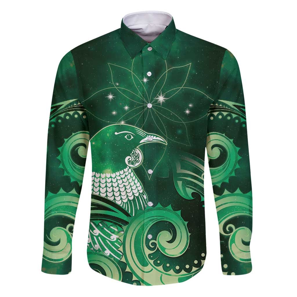 New Zealand Matariki Family Matching Puletasi and Hawaiian Shirt Maori Tui Bird Green Galaxy DT05 Dad's Shirt - Long Sleeve Green - Polynesian Pride