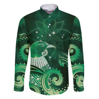 New Zealand Matariki Family Matching Puletasi and Hawaiian Shirt Maori Tui Bird Green Galaxy DT05 Dad's Shirt - Long Sleeve Green - Polynesian Pride