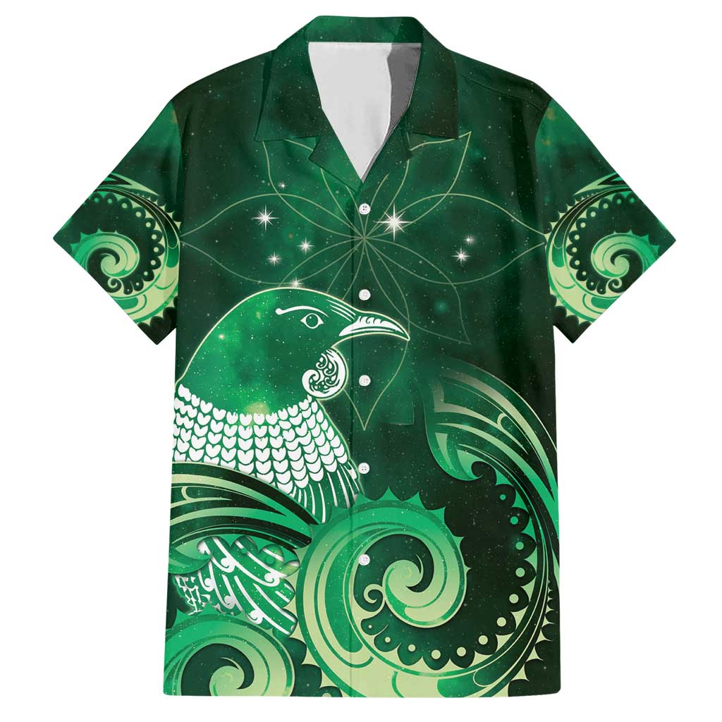 New Zealand Matariki Family Matching Short Sleeve Bodycon Dress and Hawaiian Shirt Maori Tui Bird Green Galaxy