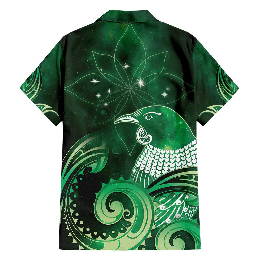 New Zealand Matariki Family Matching Short Sleeve Bodycon Dress and Hawaiian Shirt Maori Tui Bird Green Galaxy