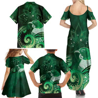 New Zealand Matariki Family Matching Summer Maxi Dress and Hawaiian Shirt Maori Tui Bird Green Galaxy