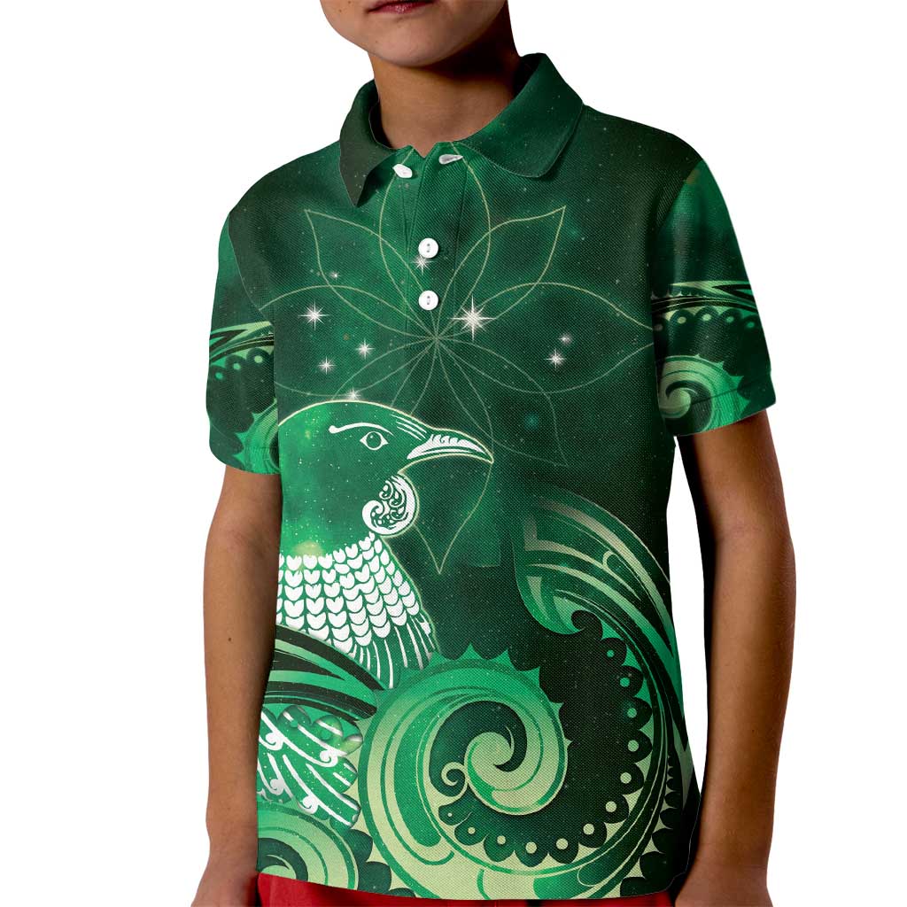 New Zealand Matariki Kid Polo Shirt Maori Tui Bird Green Galaxy DT05 Kid Green - Polynesian Pride
