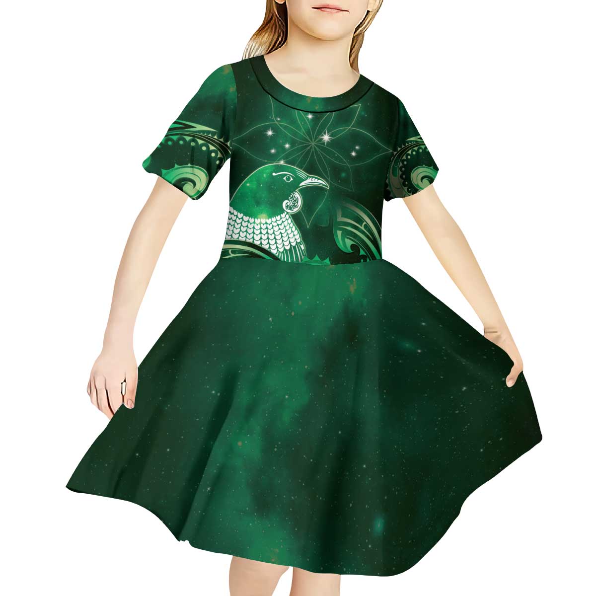 New Zealand Matariki Kid Short Sleeve Dress Maori Tui Bird Green Galaxy