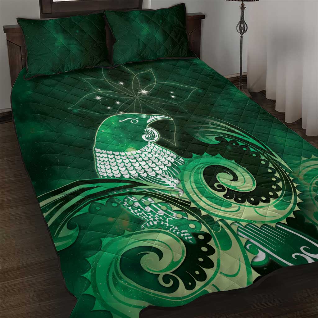 New Zealand Matariki Quilt Bed Set Maori Tui Bird Green Galaxy