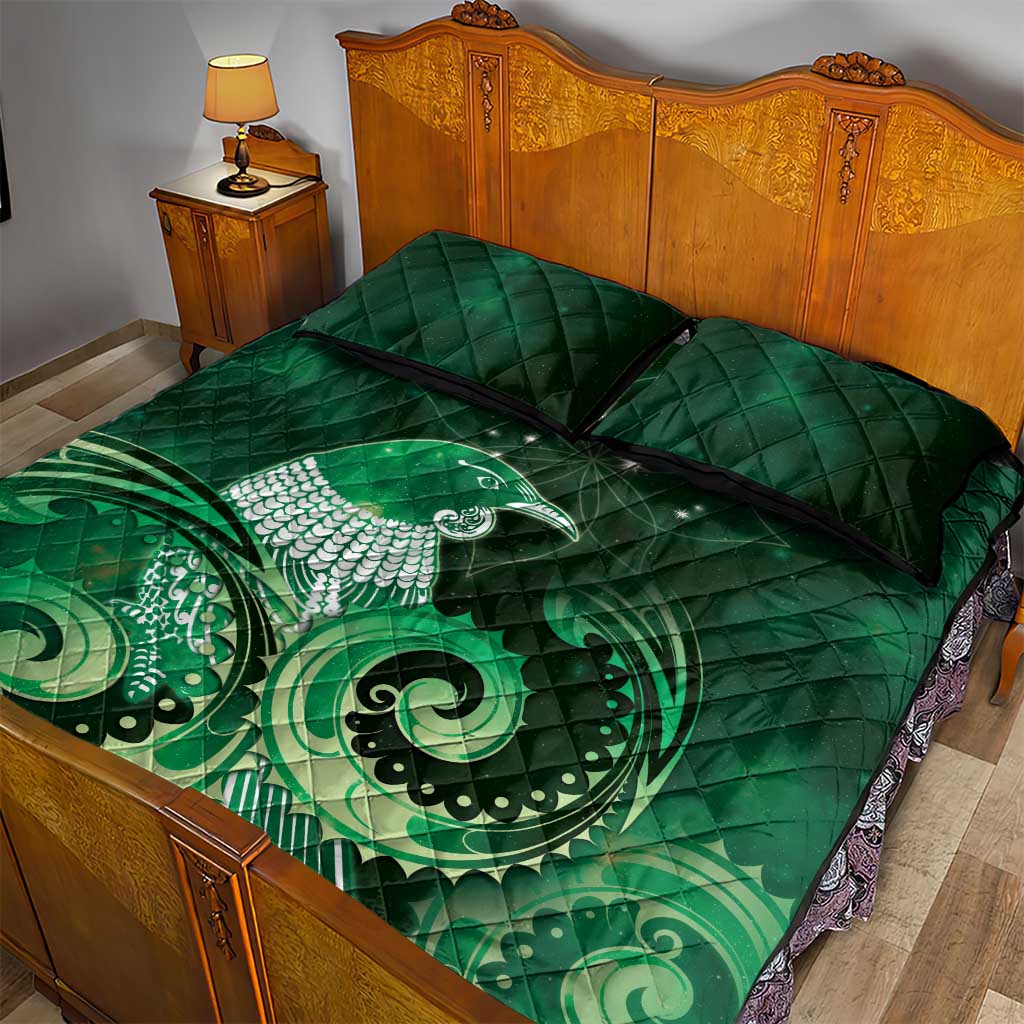 New Zealand Matariki Quilt Bed Set Maori Tui Bird Green Galaxy