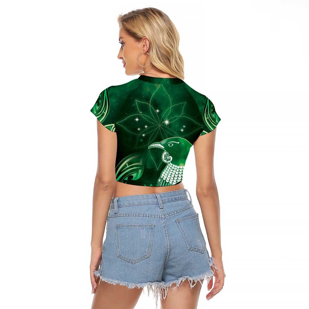New Zealand Matariki Raglan Cropped T Shirt Maori Tui Bird Green Galaxy DT05 - Polynesian Pride