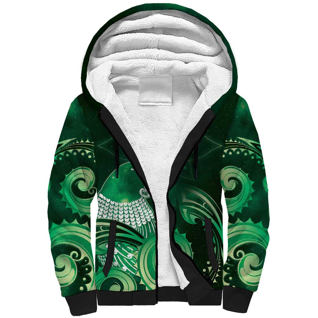 New Zealand Matariki Sherpa Hoodie Maori Tui Bird Green Galaxy DT05 Unisex Green - Polynesian Pride
