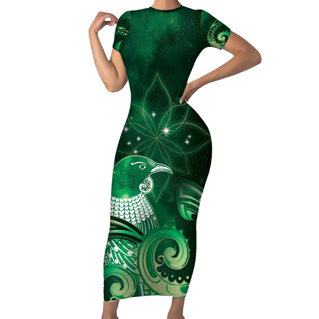 New Zealand Matariki Short Sleeve Bodycon Dress Maori Tui Bird Green Galaxy