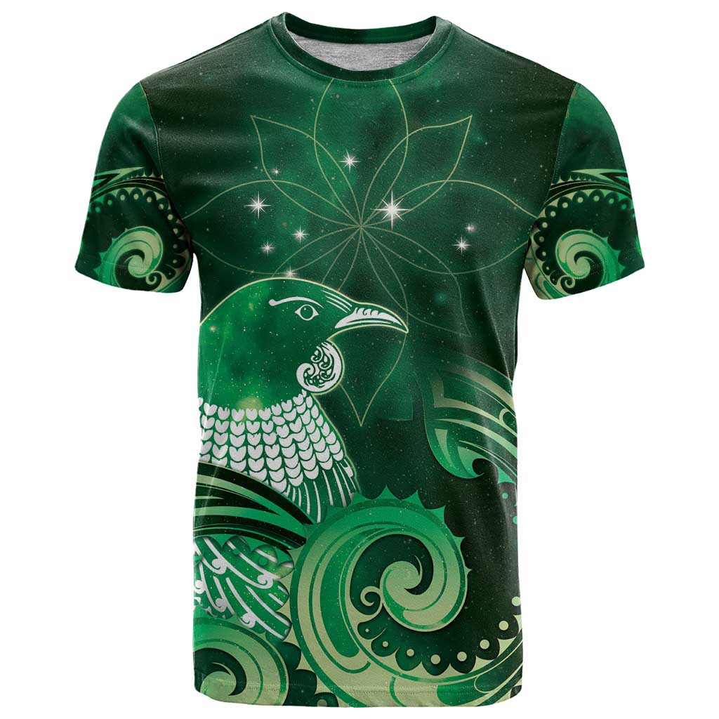 New Zealand Matariki T Shirt Maori Tui Bird Green Galaxy DT05 Green - Polynesian Pride