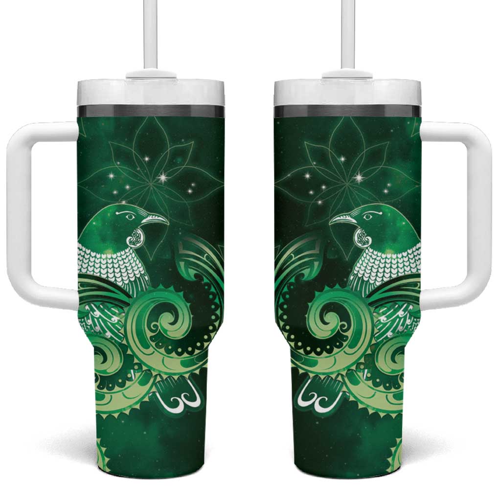 New Zealand Matariki Tumbler With Handle Maori Tui Bird Green Galaxy DT05 One Size: 40 oz Green - Polynesian Pride
