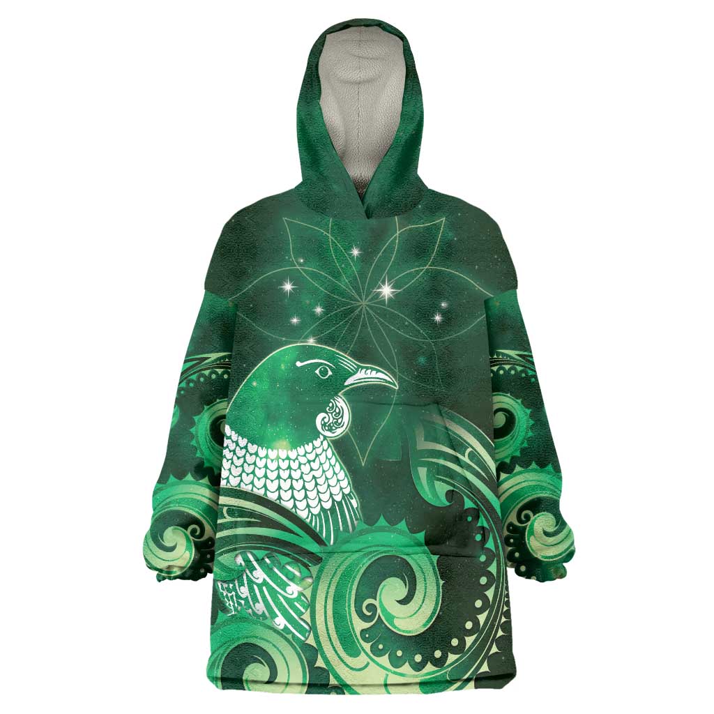 New Zealand Matariki Wearable Blanket Hoodie Maori Tui Bird Green Galaxy