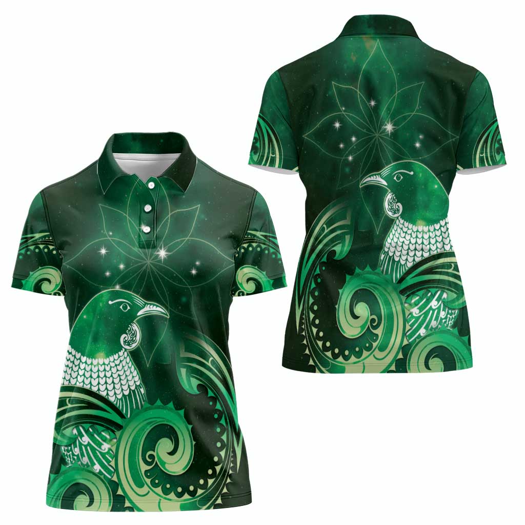 New Zealand Matariki Women Polo Shirt Maori Tui Bird Green Galaxy