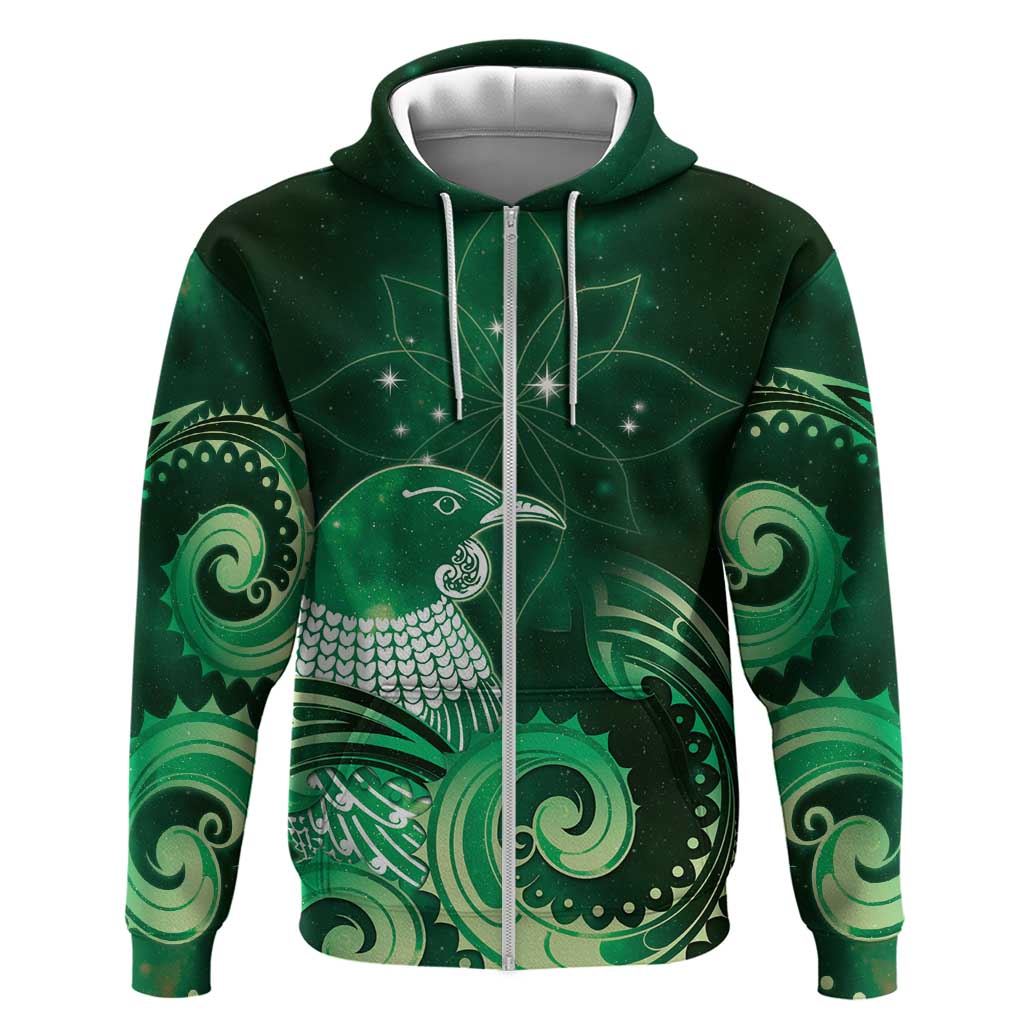 New Zealand Matariki Zip Hoodie Maori Tui Bird Green Galaxy DT05 Zip Hoodie Green - Polynesian Pride