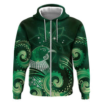 New Zealand Matariki Zip Hoodie Maori Tui Bird Green Galaxy DT05 Zip Hoodie Green - Polynesian Pride