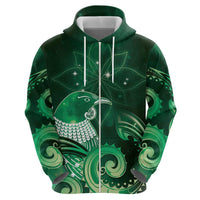 New Zealand Matariki Zip Hoodie Maori Tui Bird Green Galaxy DT05 - Polynesian Pride