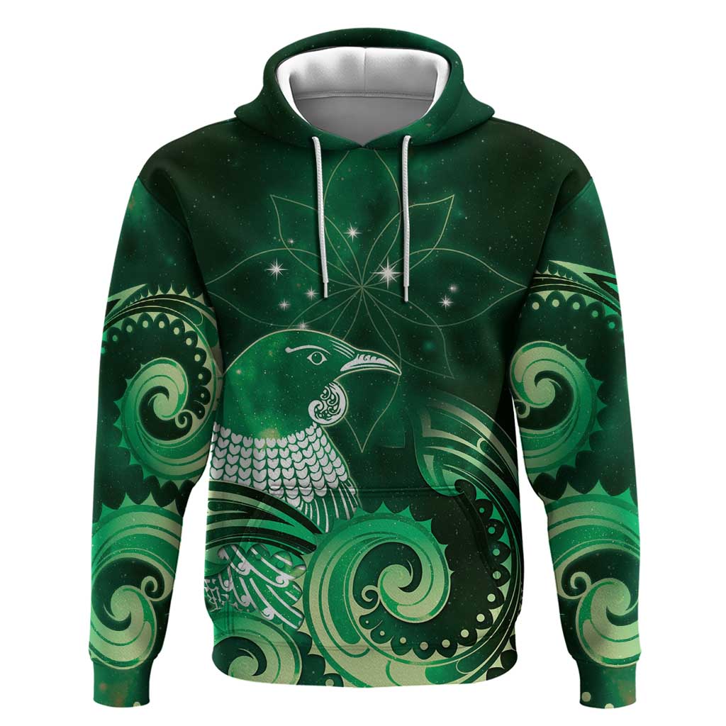 New Zealand Matariki Zip Hoodie Maori Tui Bird Green Galaxy DT05 Pullover Hoodie Green - Polynesian Pride