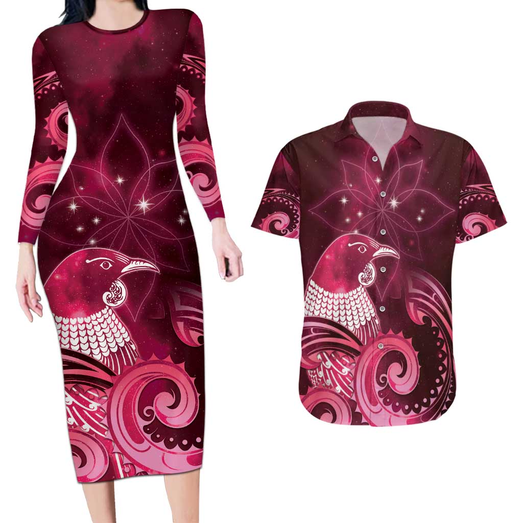 New Zealand Matariki Couples Matching Long Sleeve Bodycon Dress and Hawaiian Shirt Maori Tui Bird Magenta Galaxy