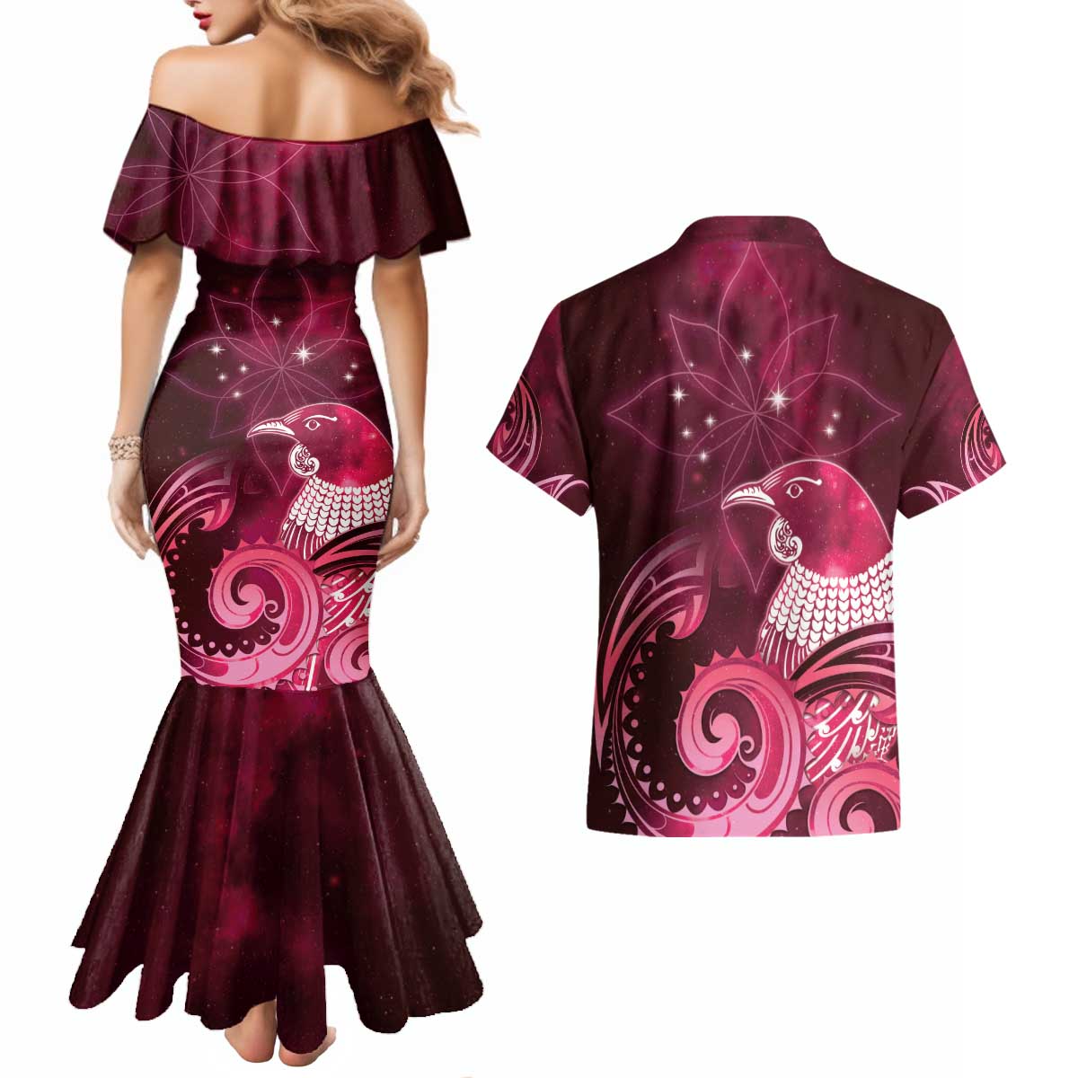 New Zealand Matariki Couples Matching Mermaid Dress and Hawaiian Shirt Maori Tui Bird Magenta Galaxy