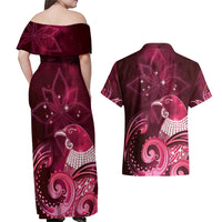 New Zealand Matariki Couples Matching Off Shoulder Maxi Dress and Hawaiian Shirt Maori Tui Bird Magenta Galaxy
