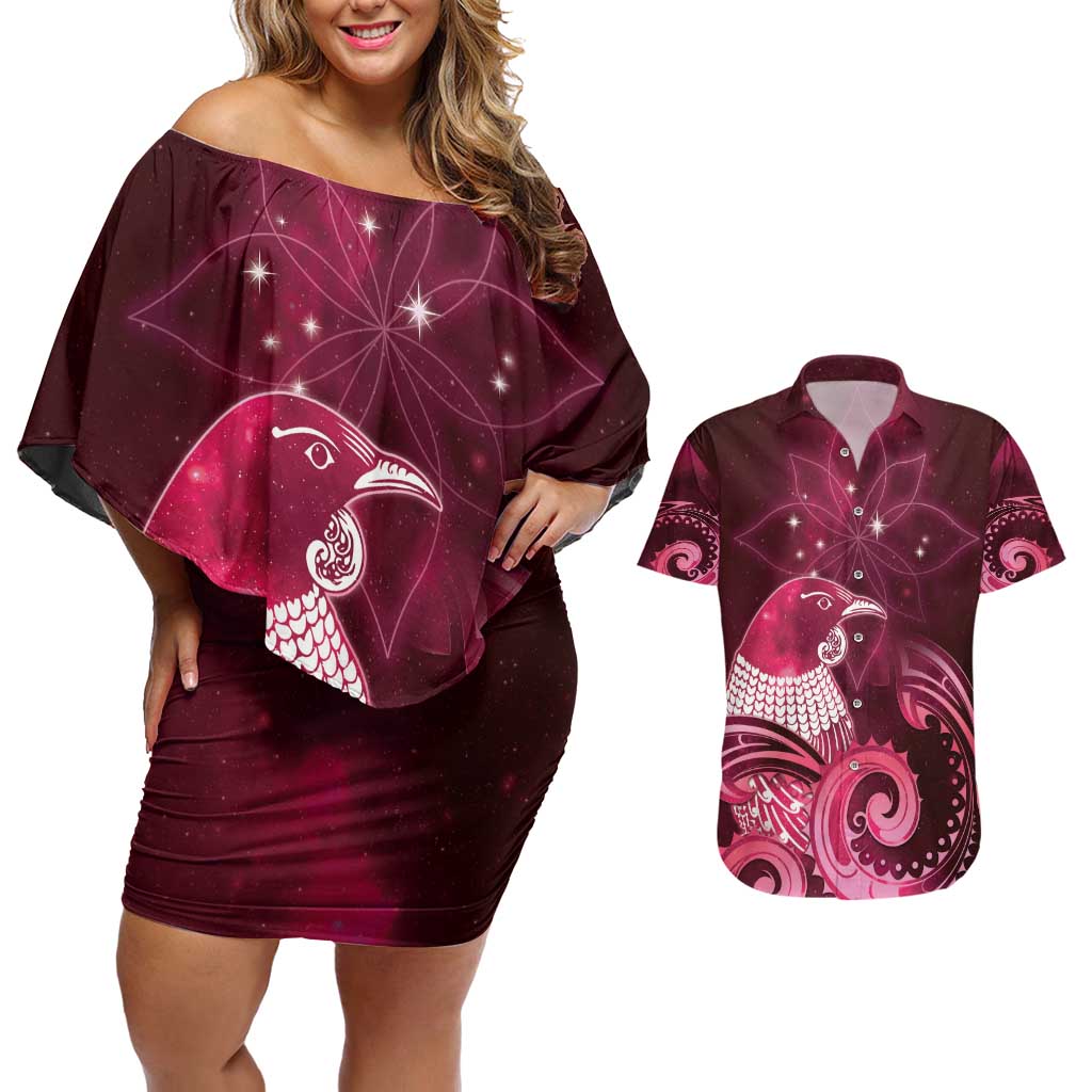 New Zealand Matariki Couples Matching Off Shoulder Short Dress and Hawaiian Shirt Maori Tui Bird Magenta Galaxy