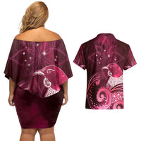 New Zealand Matariki Couples Matching Off Shoulder Short Dress and Hawaiian Shirt Maori Tui Bird Magenta Galaxy