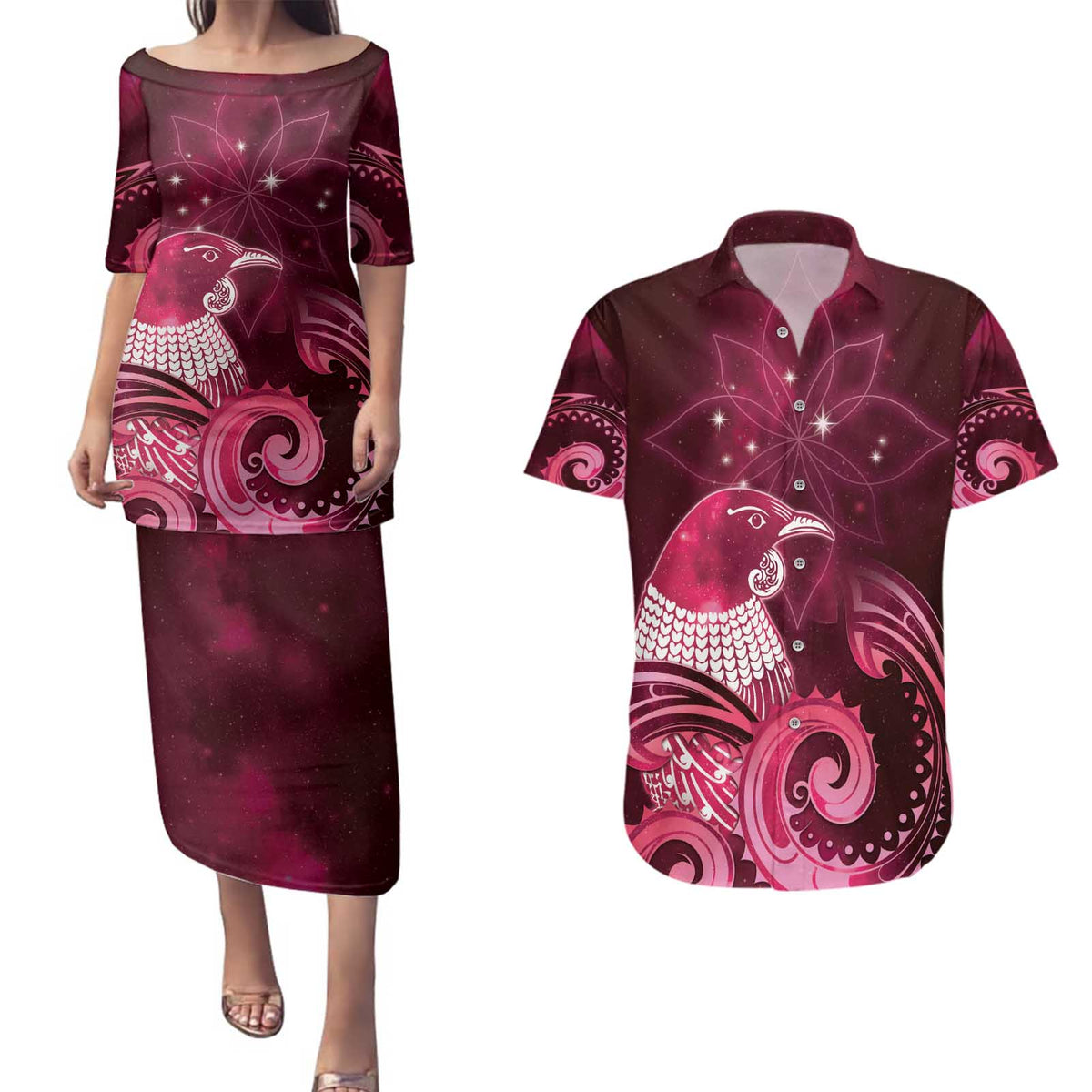 New Zealand Matariki Couples Matching Puletasi and Hawaiian Shirt Maori Tui Bird Magenta Galaxy