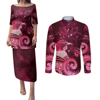 New Zealand Matariki Couples Matching Puletasi and Long Sleeve Button Shirt Maori Tui Bird Magenta Galaxy DT05 Magenta - Polynesian Pride