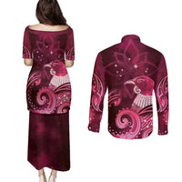 New Zealand Matariki Couples Matching Puletasi and Long Sleeve Button Shirt Maori Tui Bird Magenta Galaxy DT05 - Polynesian Pride