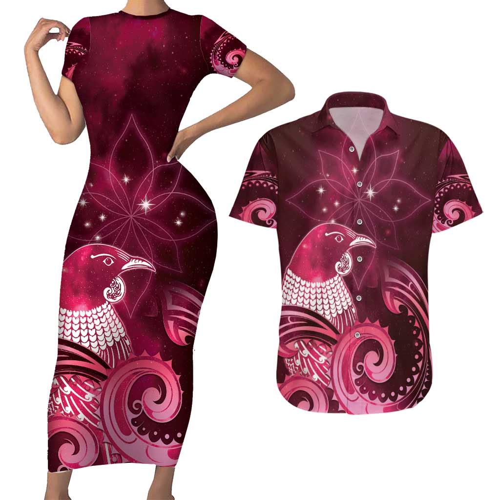 New Zealand Matariki Couples Matching Short Sleeve Bodycon Dress and Hawaiian Shirt Maori Tui Bird Magenta Galaxy