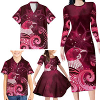 New Zealand Matariki Family Matching Long Sleeve Bodycon Dress and Hawaiian Shirt Maori Tui Bird Magenta Galaxy